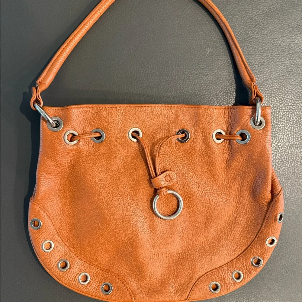 Orange Brown Leather Original Furla Drawstring Hobo Bag Purse - Picture 1 of 8